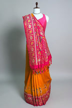 Orange Art Silk Saree with Patola Border and Contrast Pallu - orange silk saree patola