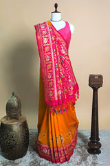Orange Art Silk Saree with Patola Border and Contrast Pallu
