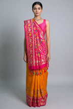 Orange Art Silk Saree with Patola Border and Contrast Pallu - orange silk saree patola