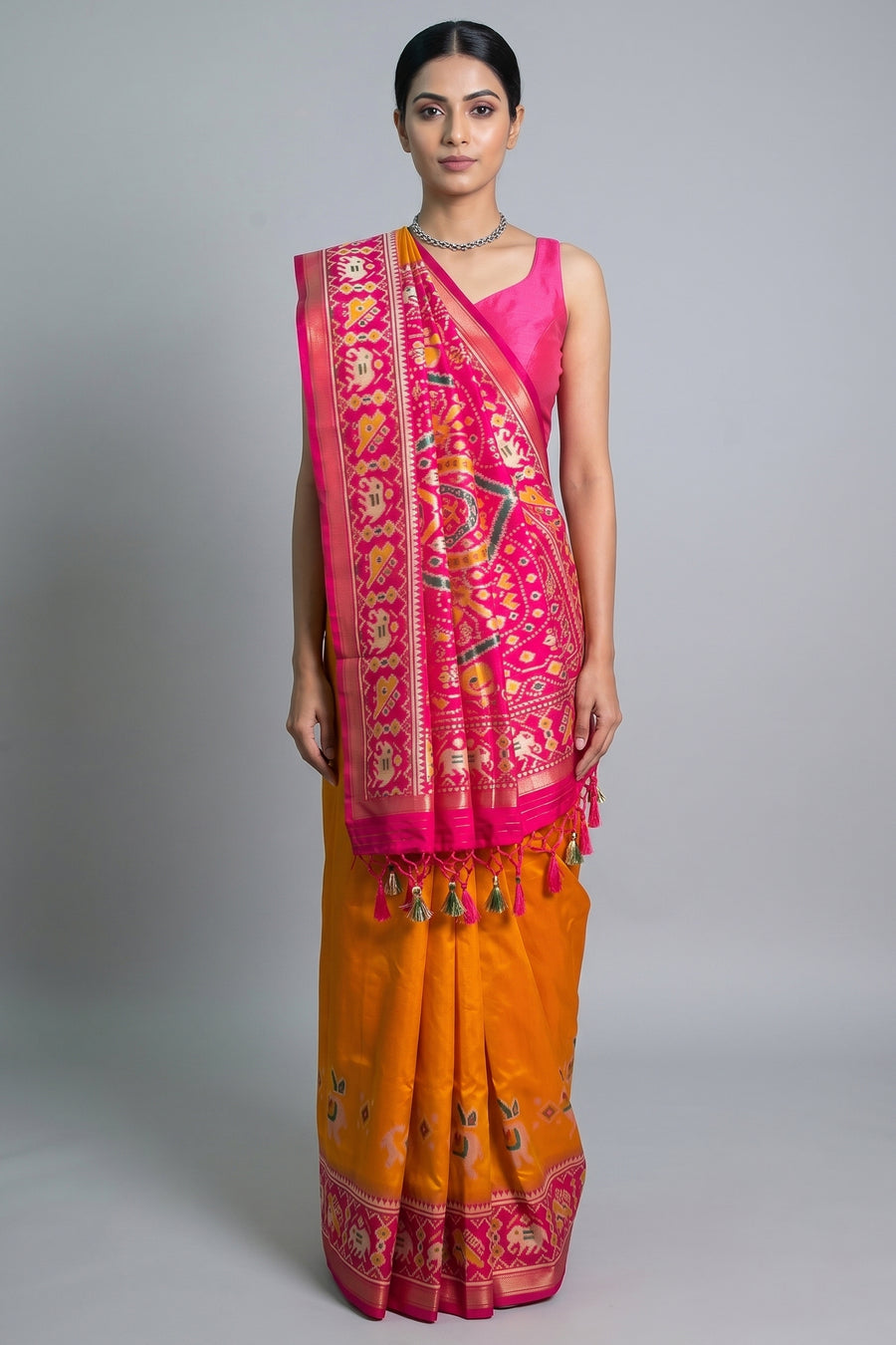 Orange Art Silk Saree with Patola Border and Contrast Pallu - orange silk saree patola
