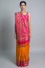 Orange Art Silk Saree with Patola Border and Contrast Pallu - orange silk saree patola