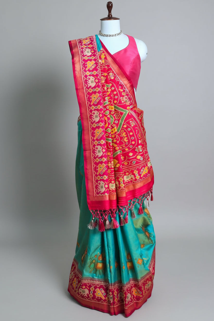Sea Green Art Silk Saree with Patola Border and Contrast Pallu - green silk saree patola