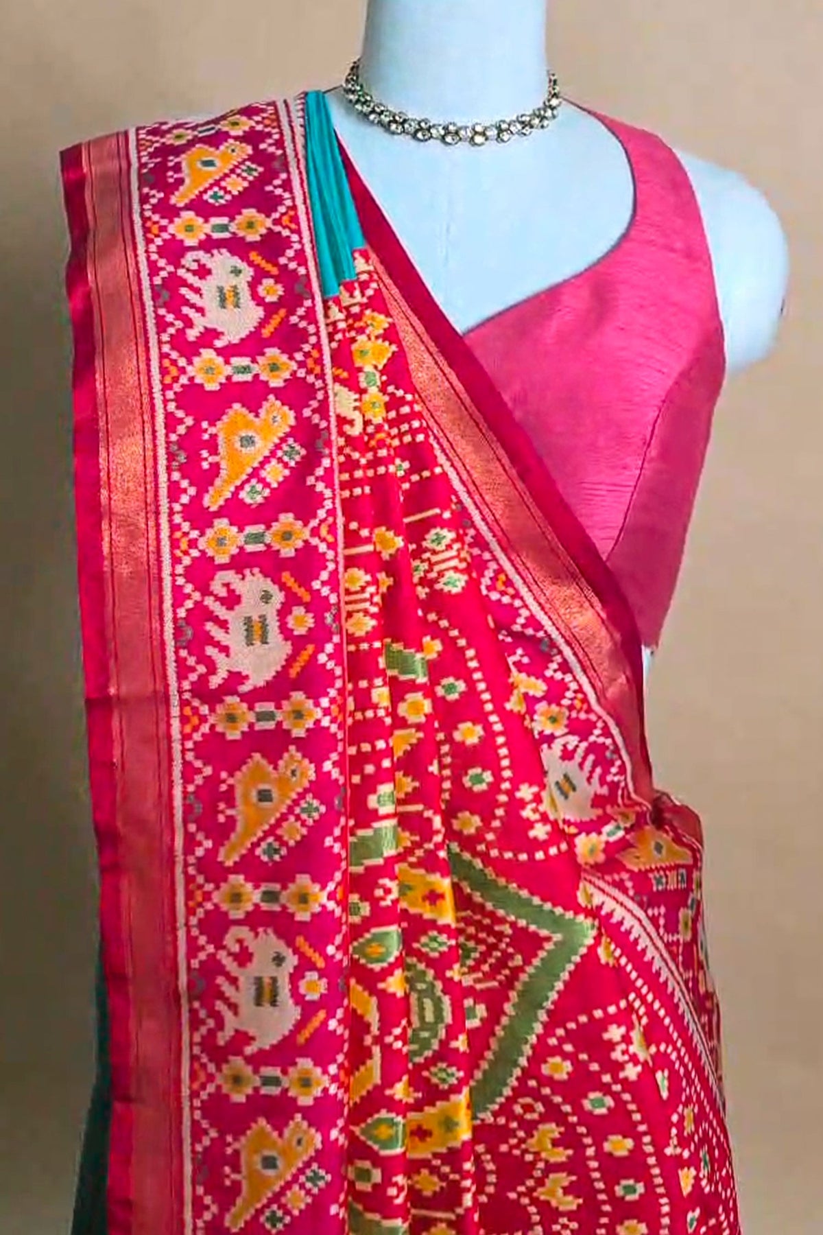 Sea Green Art Silk Saree with Patola Border and Contrast Pallu - green silk saree patola