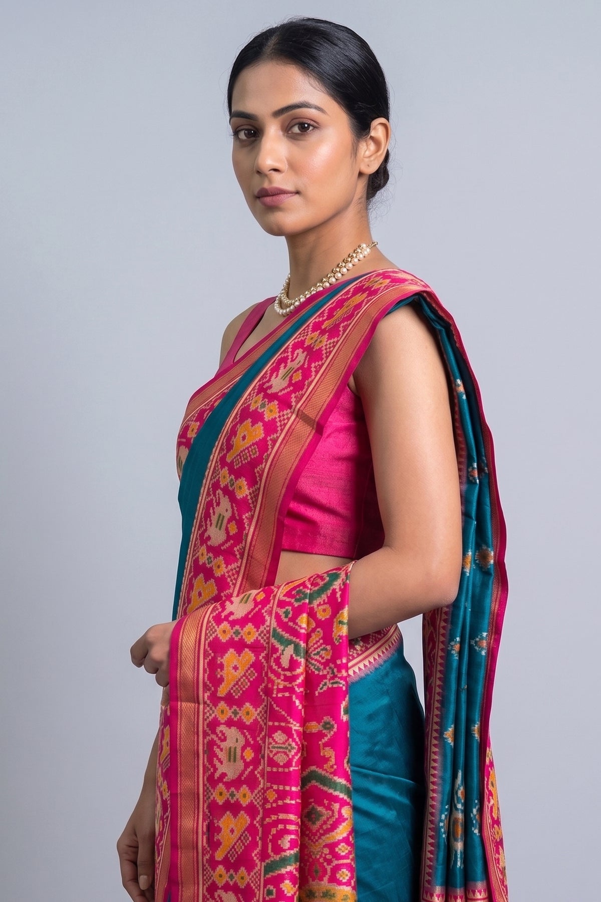 Rama Blue Art Silk Saree with Patola Border and Contrast Pallu - blue silk saree patola