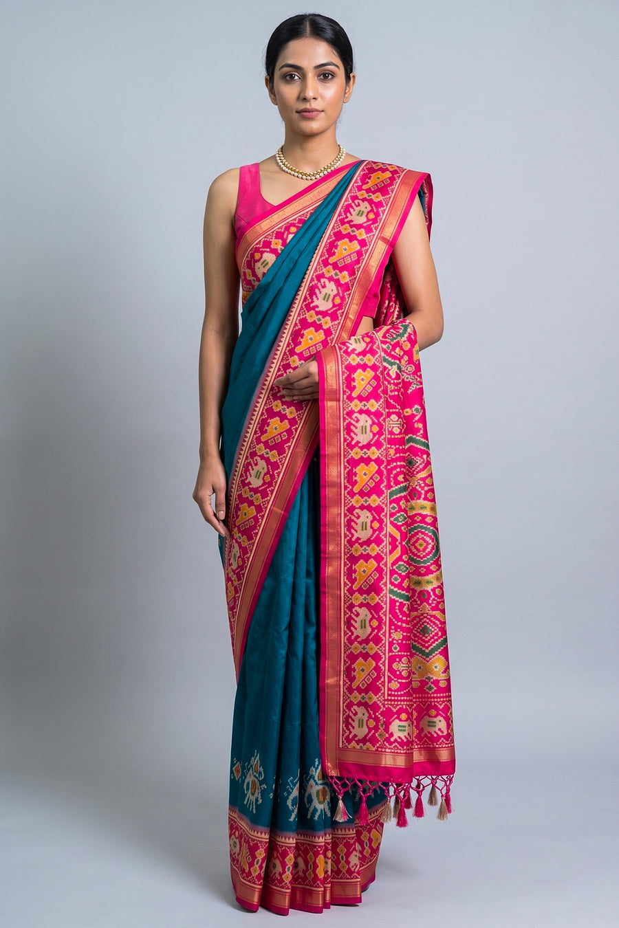 Rama Blue Art Silk Saree with Patola Border and Contrast Pallu - blue silk saree patola