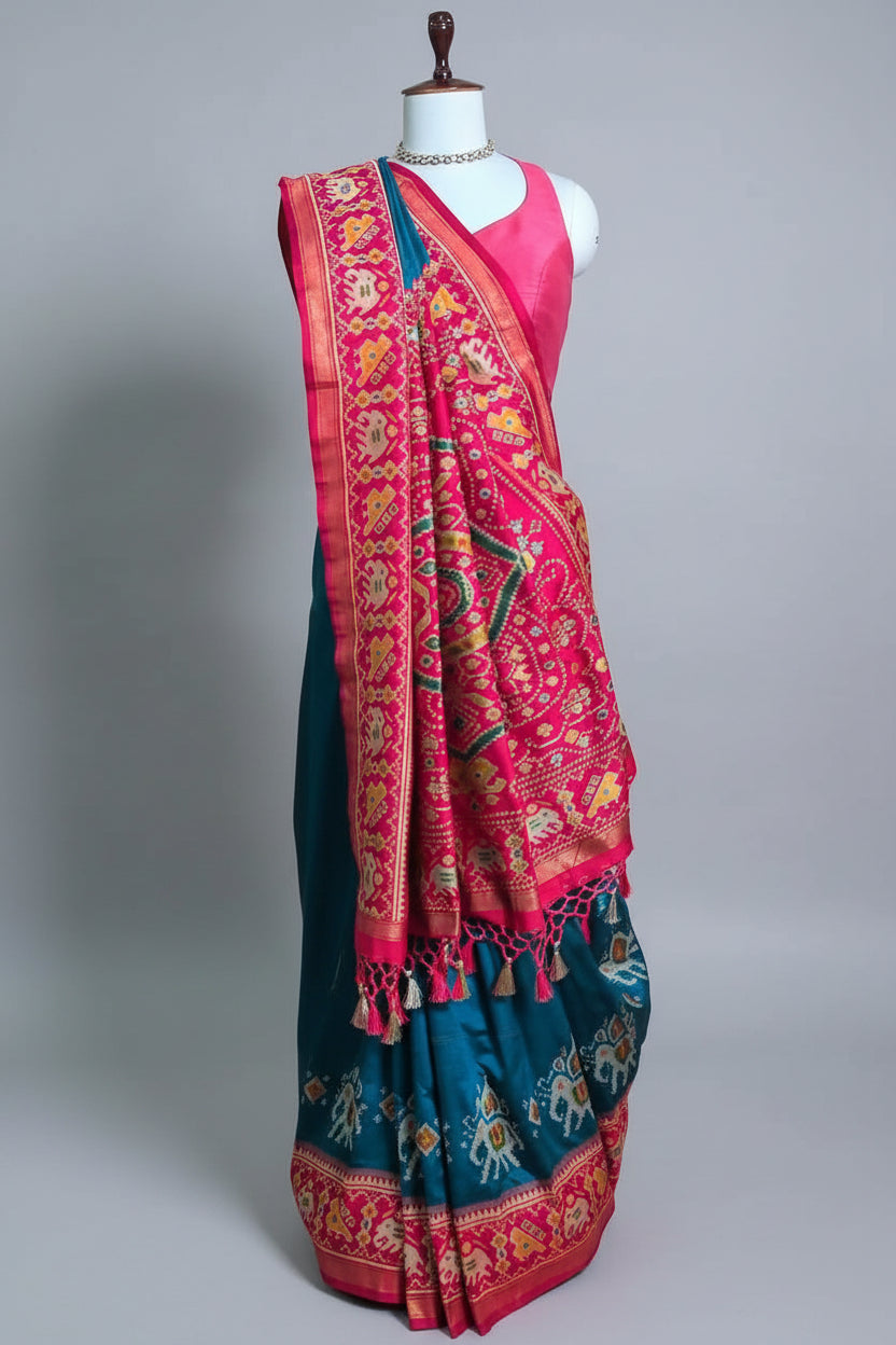 Rama Blue Art Silk Saree with Patola Border and Contrast Pallu - blue silk saree patola
