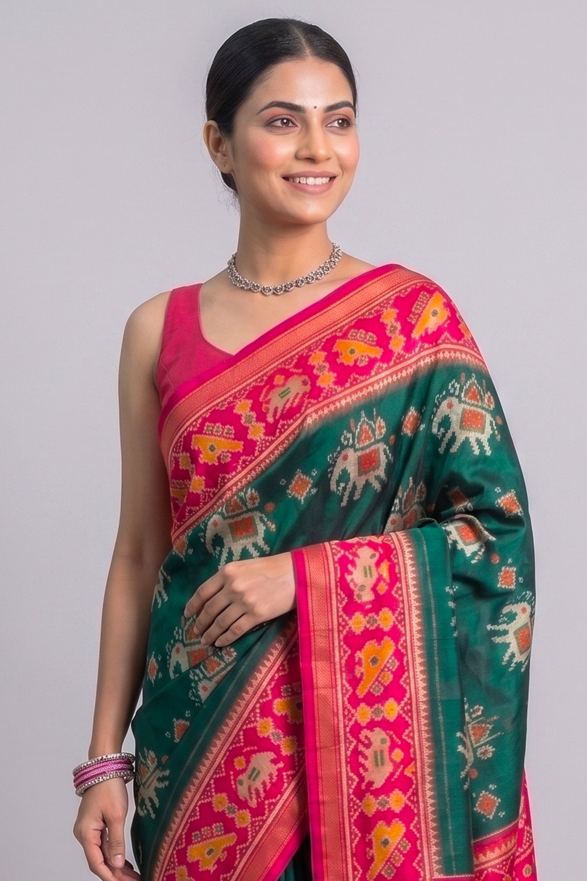 Green Art Silk Saree with Patola Border and Contrast Pallu - green silk saree patola