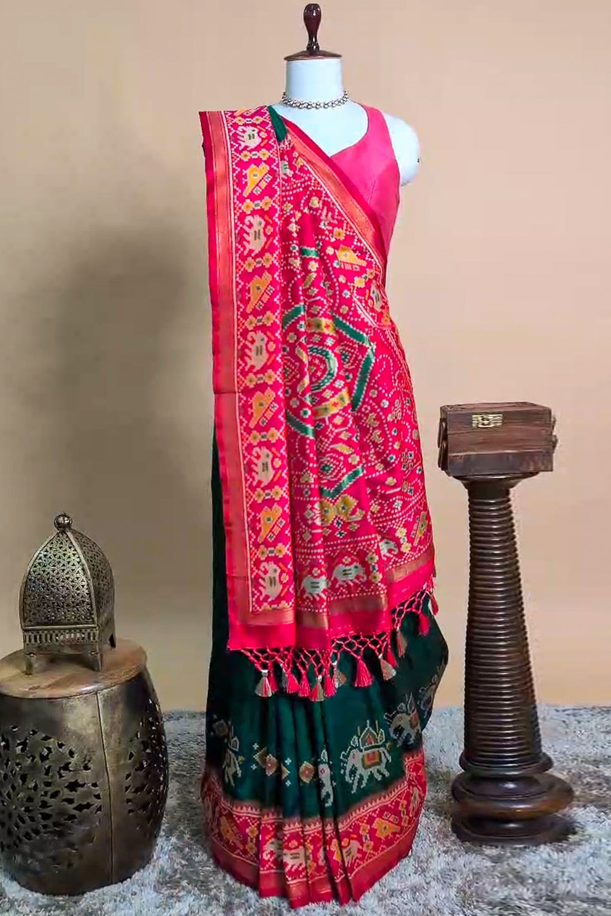 Green Art Silk Saree with Patola Border and Contrast Pallu - green silk saree patola