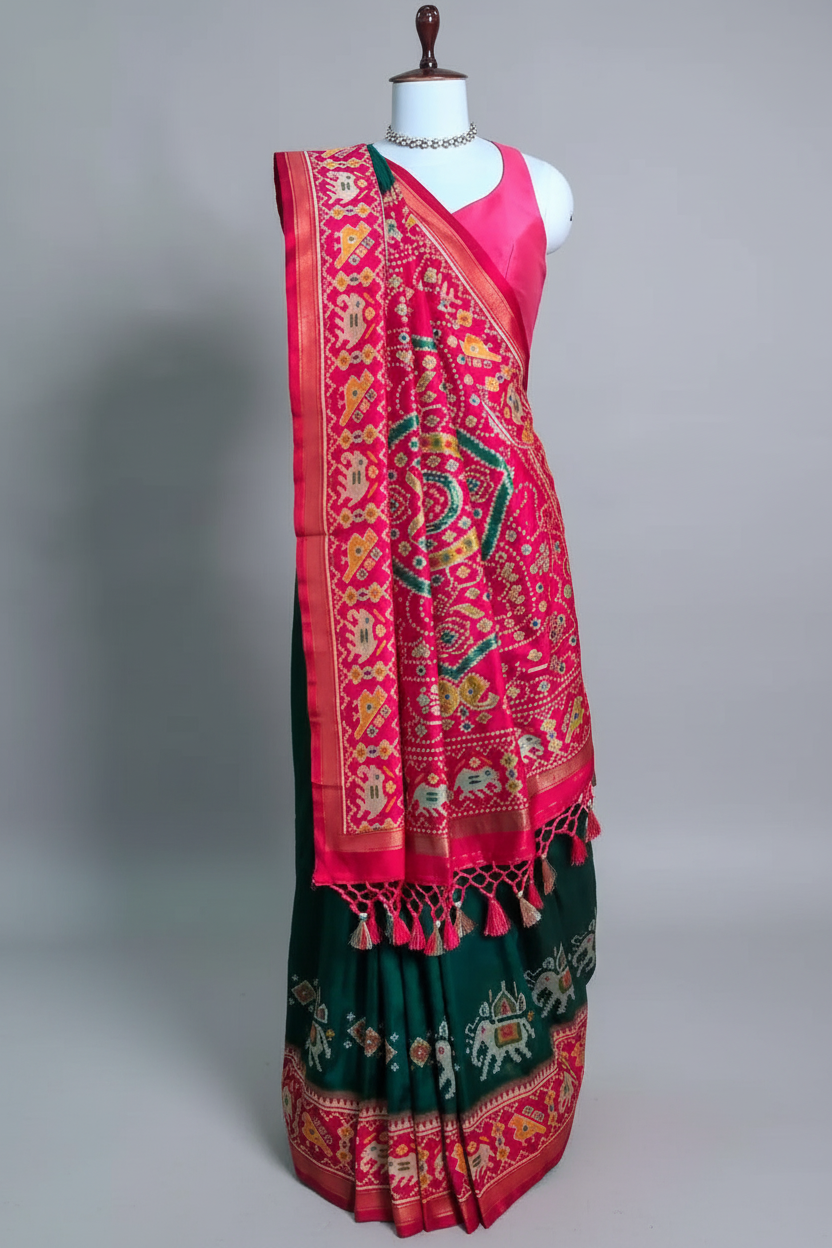 Green Art Silk Saree with Patola Border and Contrast Pallu - green silk saree patola