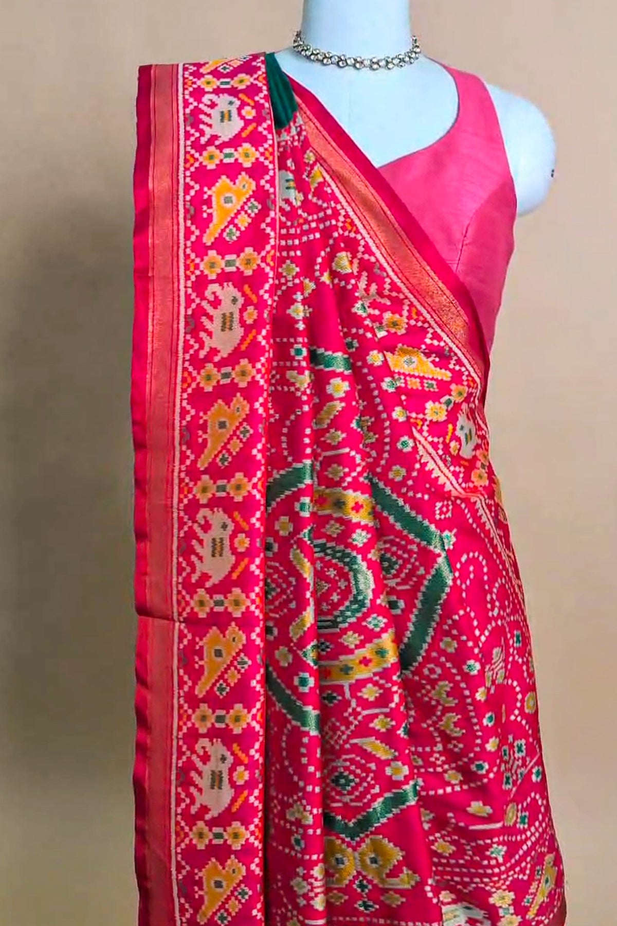 Green Art Silk Saree with Patola Border and Contrast Pallu - green silk saree patola