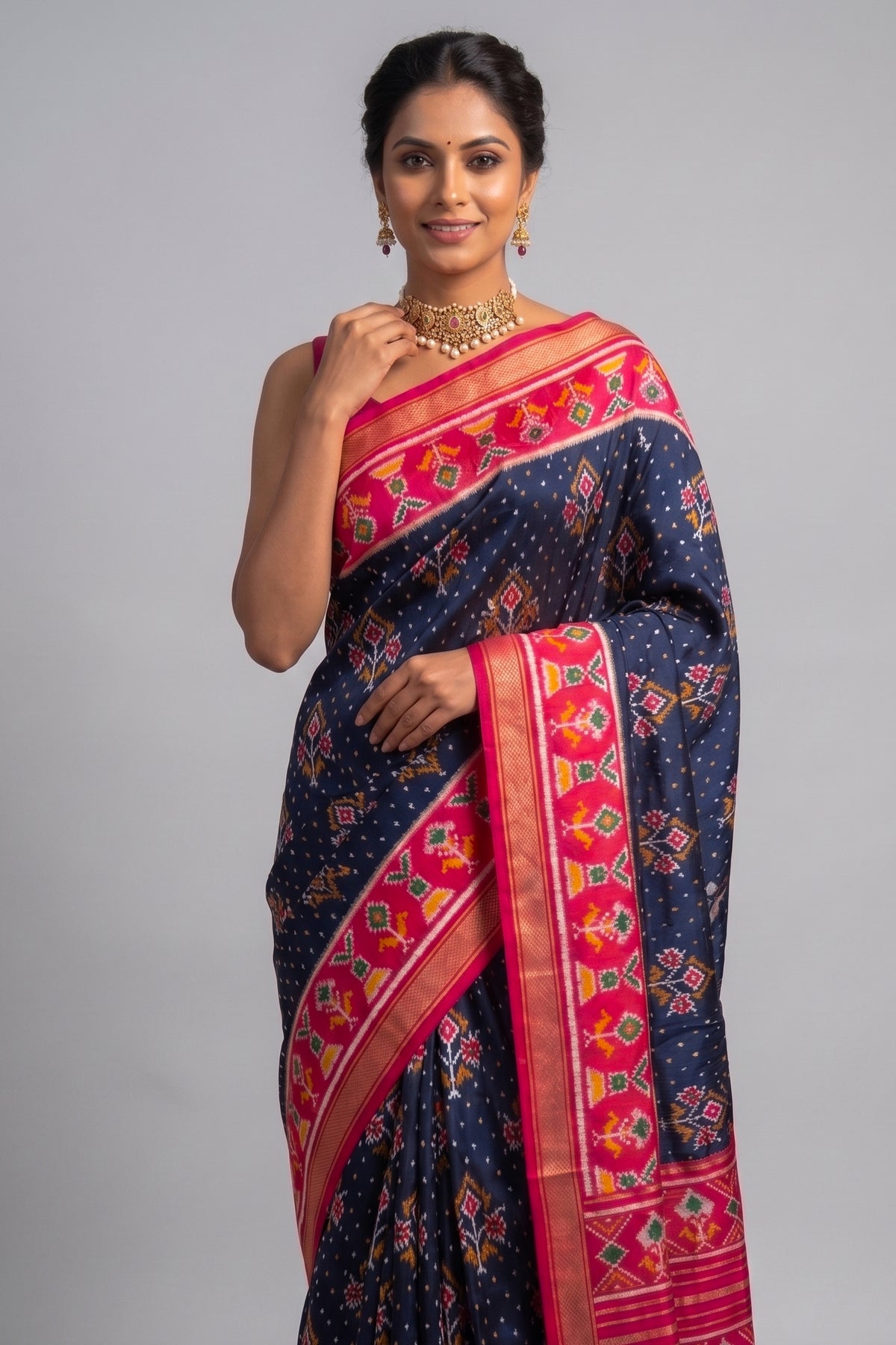 Navy Blue Art Silk Saree with Patola Border and Contrast Pallu - blue silk saree patola