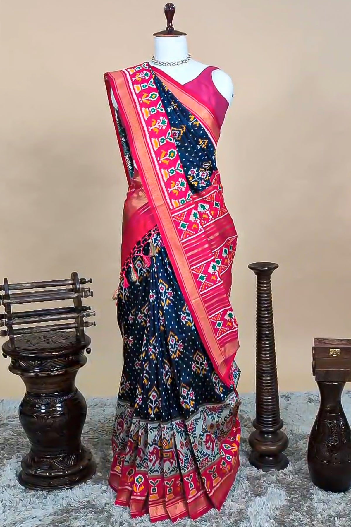 Navy Blue Art Silk Saree with Patola Border and Contrast Pallu - blue silk saree patola