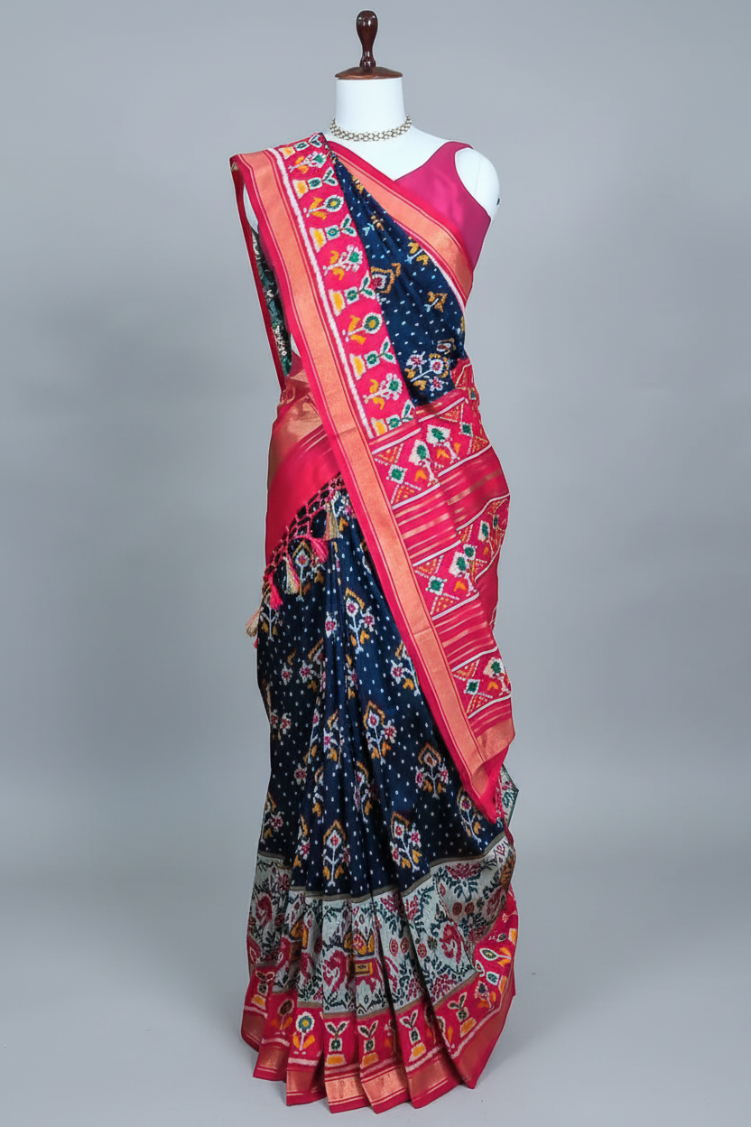 Navy Blue Art Silk Saree with Patola Border and Contrast Pallu - blue silk saree patola