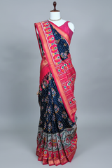 Navy Blue Art Silk Saree with Patola Border and Contrast Pallu