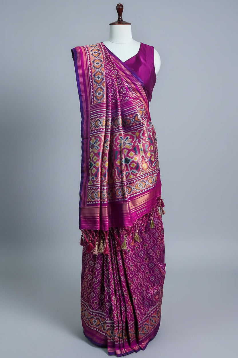 Magenta Art Silk Patola Saree - magenta silk saree patola