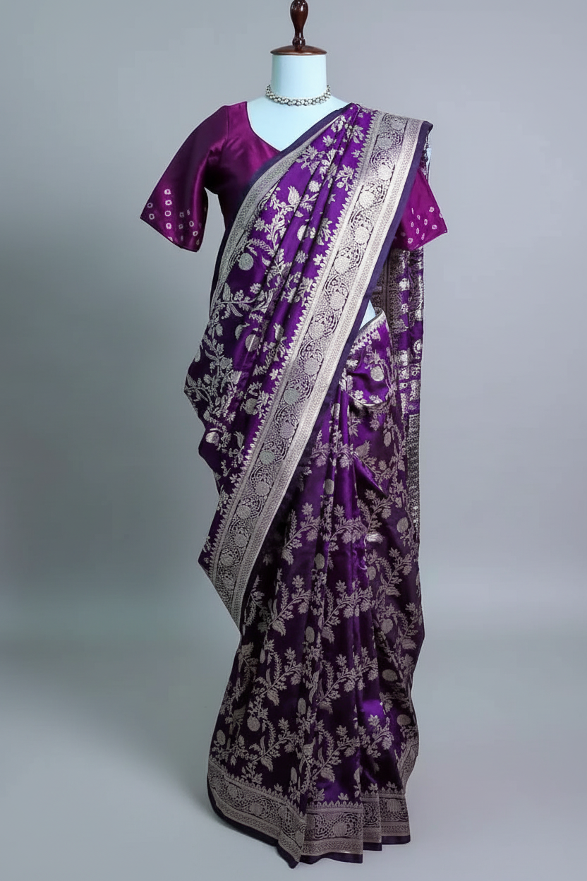 Purple Art Silk Woven Jaal Saree - purple silk saree
