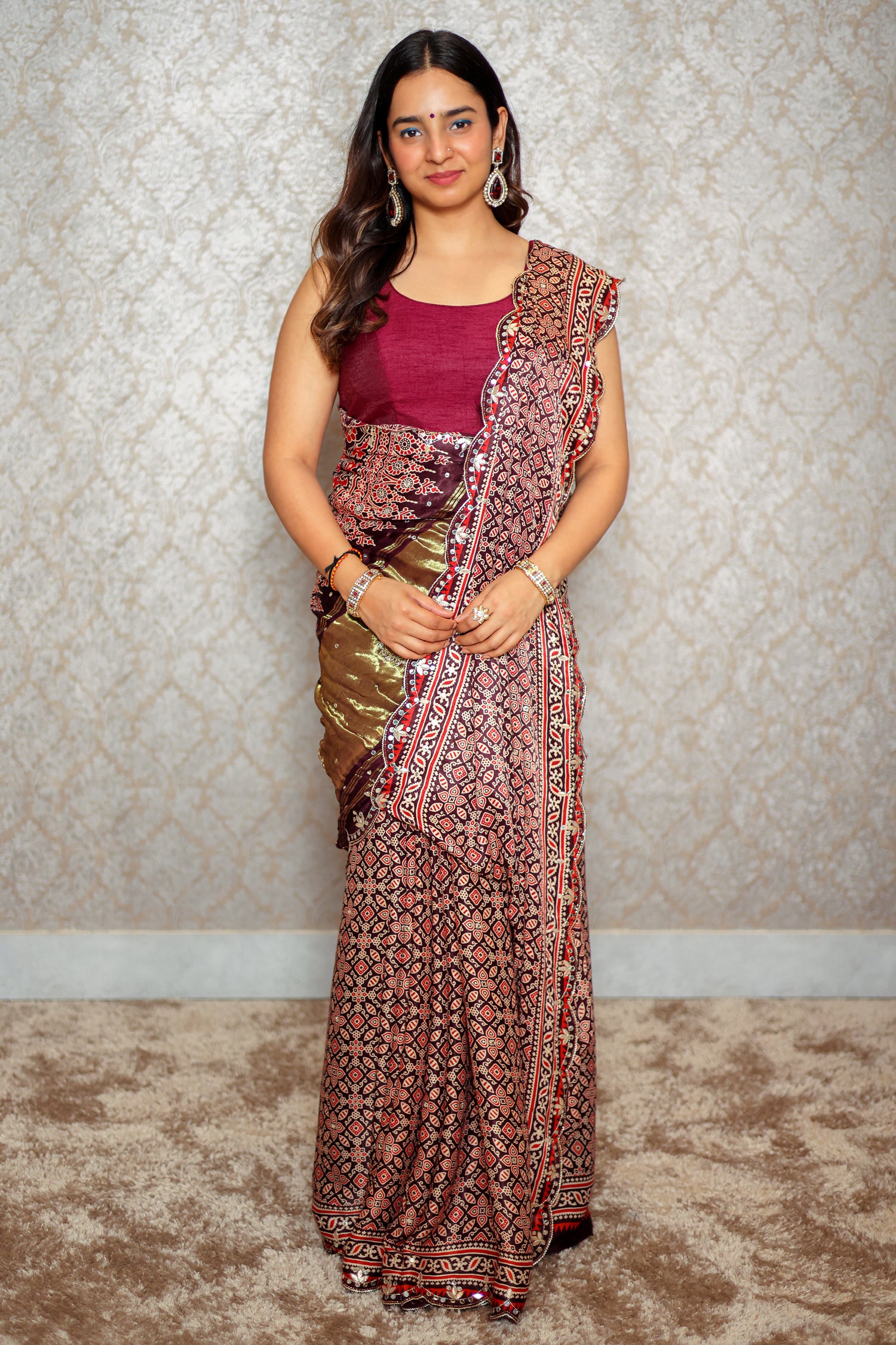 Deep Plum Purple Modal Silk Ajrakh Printed Saree with Applique and Gota Work - purple silk saree