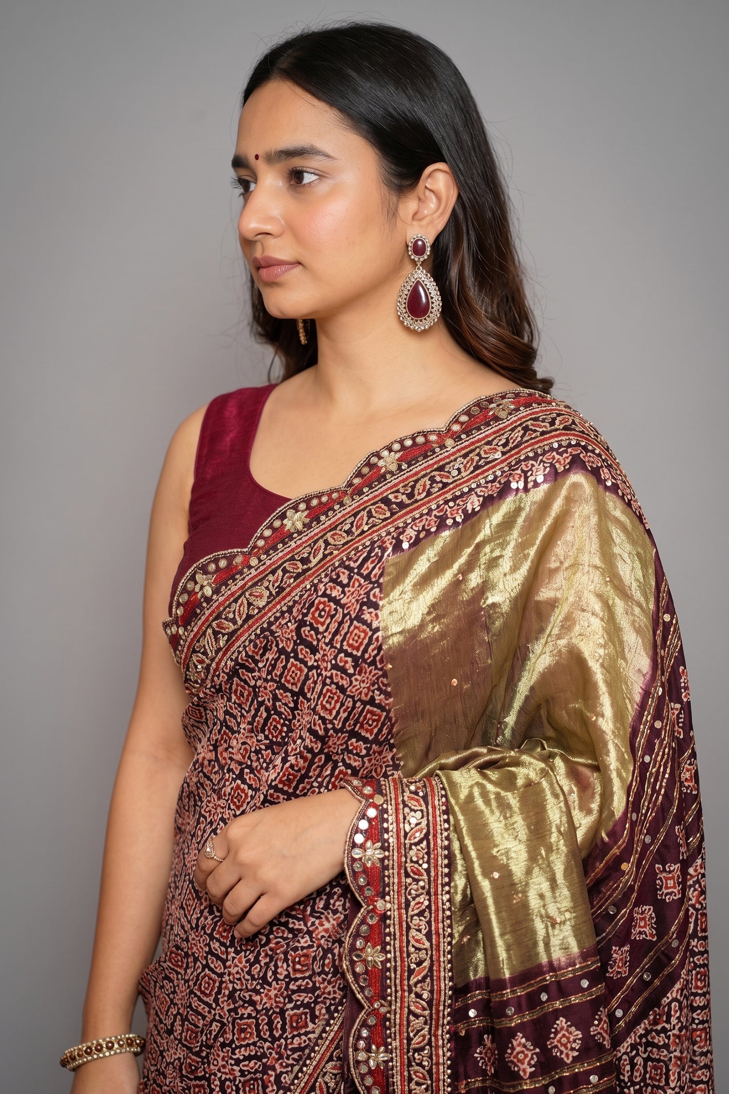 Deep Plum Purple Modal Silk Ajrakh Printed Saree with Applique and Gota Work Secondary image
