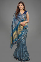 Blue Modal Silk Ajrakh Printed Saree with Gota and Applique Work - blue silk saree