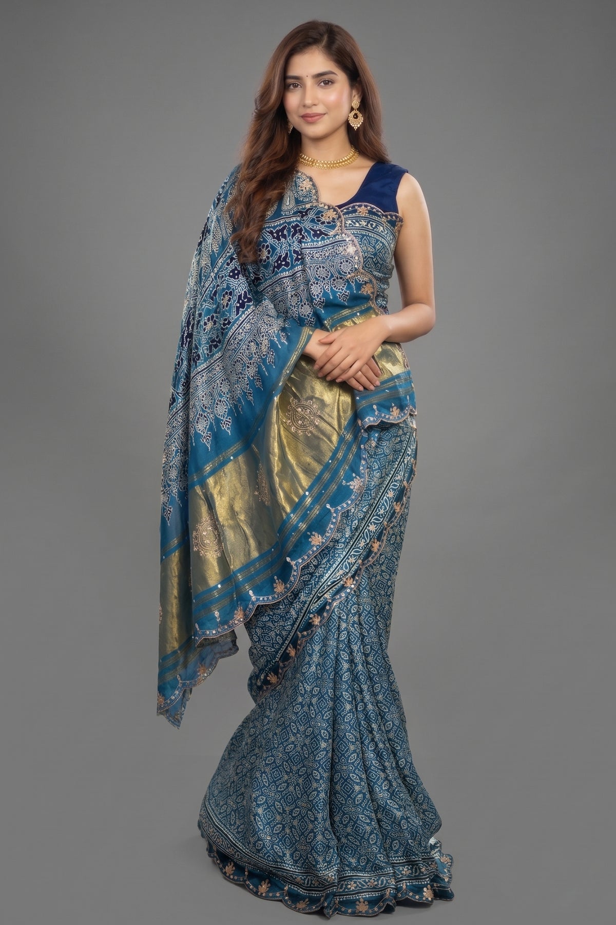 Blue Modal Silk Ajrakh Printed Saree with Gota and Applique Work - blue silk saree