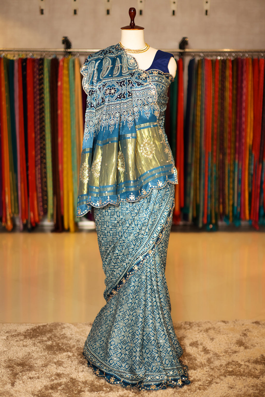 Blue Modal Silk Ajrakh Printed Saree with Gota and Applique Work - blue silk saree