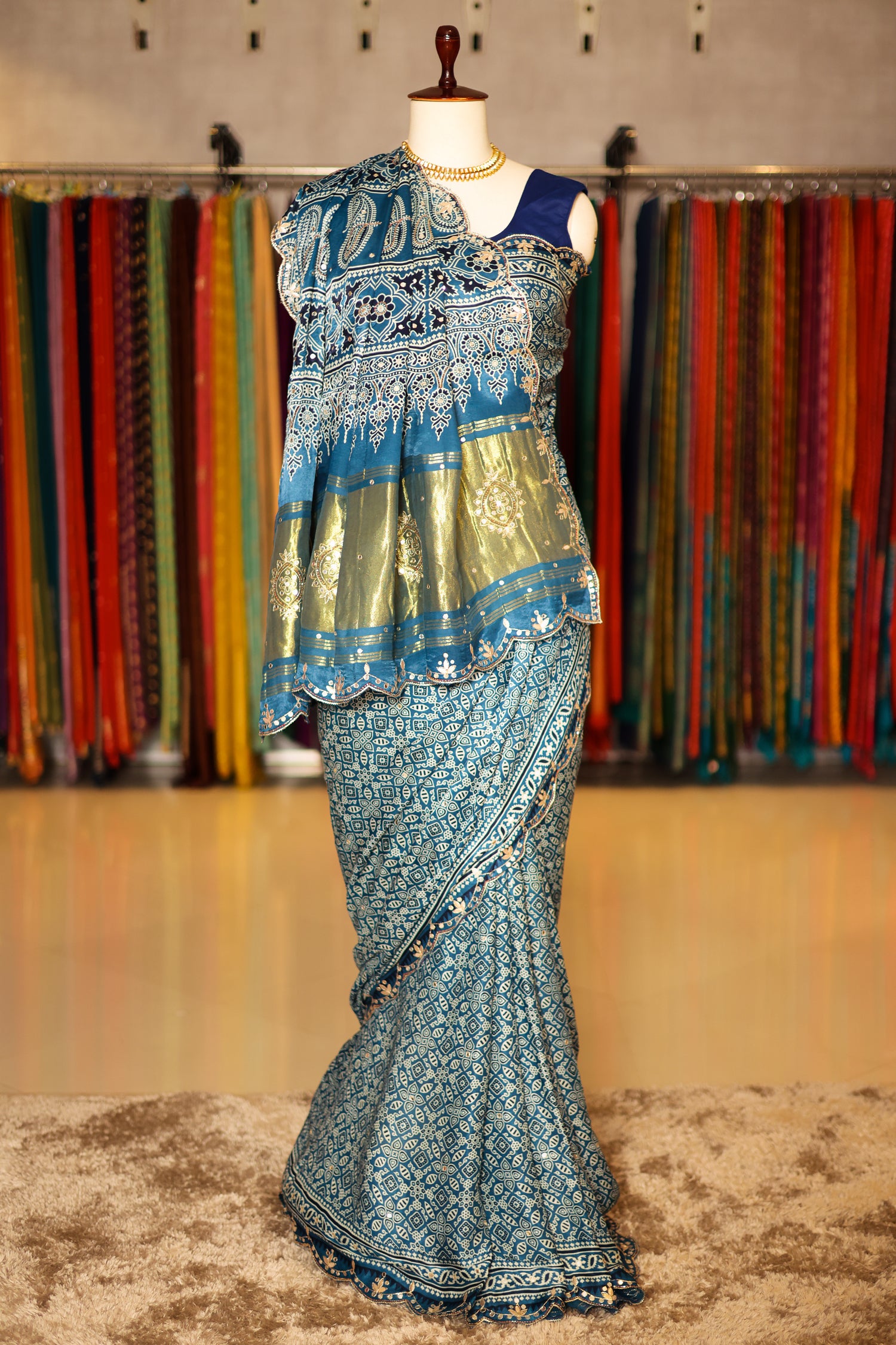 Blue Modal Silk Ajrakh Printed Saree with Gota and Applique Work - blue silk saree