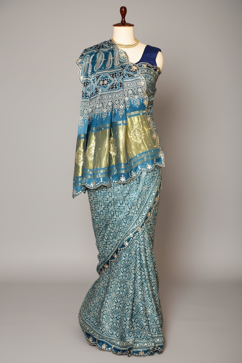 Blue Modal Silk Ajrakh Printed Saree with Gota and Applique Work - blue silk saree