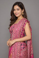 Onion Pink Modal Silk Ajrakh Printed Saree with Applique and Gota Work - pink silk saree