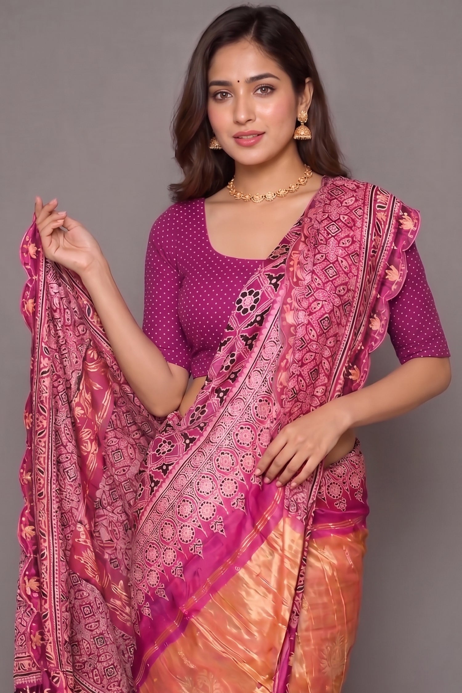 Onion Pink Modal Silk Ajrakh Printed Saree with Applique and Gota Work