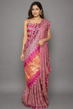 Onion Pink Modal Silk Ajrakh Printed Saree with Applique and Gota Work - pink silk saree