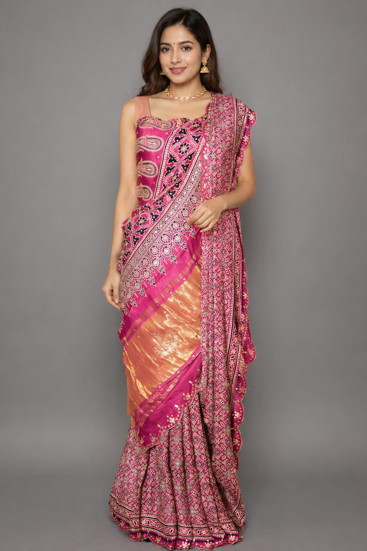 Onion Pink Modal Silk Ajrakh Printed Saree with Applique and Gota Work - pink silk saree