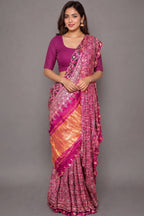 Onion Pink Modal Silk Ajrakh Printed Saree with Applique and Gota Work