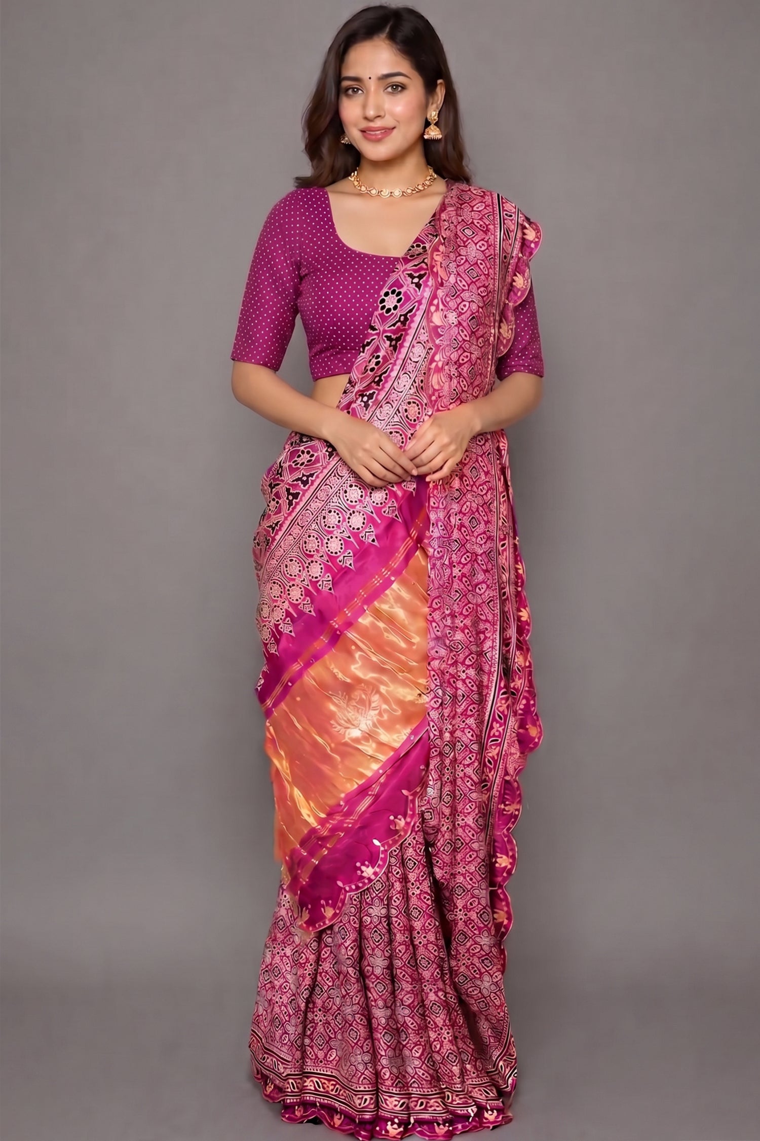 Onion Pink Modal Silk Ajrakh Printed Saree with Applique and Gota Work