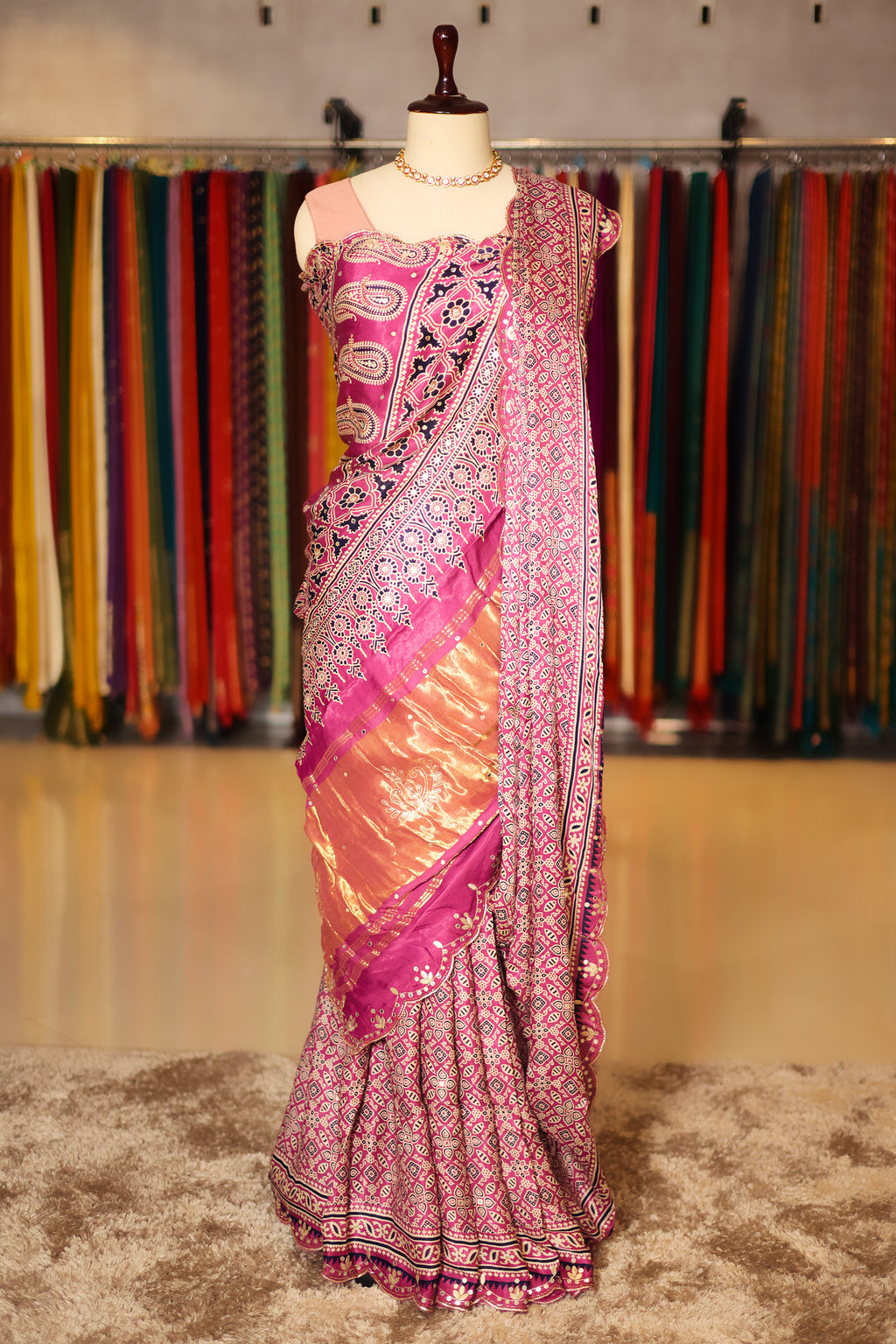 Onion Pink Modal Silk Ajrakh Printed Saree with Applique and Gota Work - pink silk saree