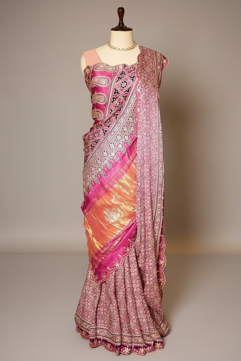 Onion Pink Modal Silk Ajrakh Printed Saree with Applique and Gota Work - pink silk saree
