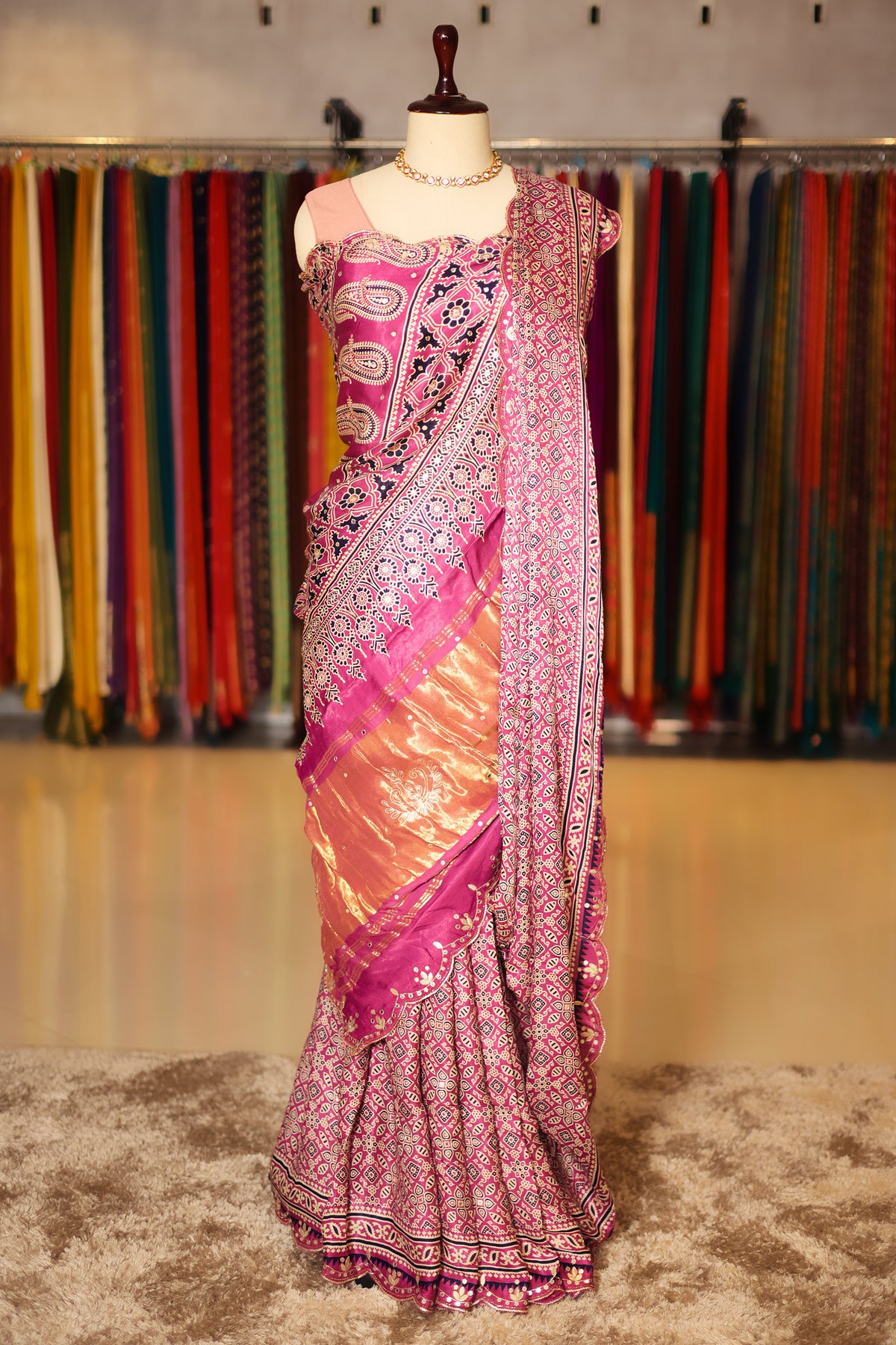 Onion Pink Modal Silk Ajrakh Printed Saree with Applique and Gota Work