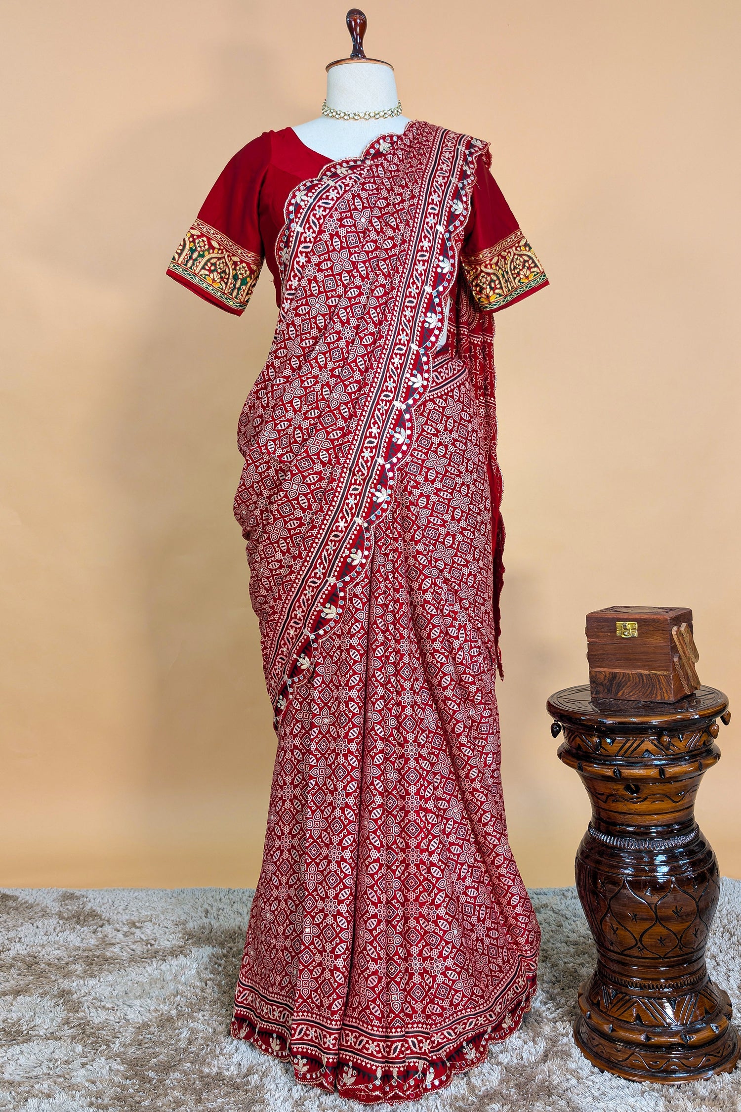 Red Modal Silk Ajrakh Printed Saree with Applique and Gota Work - red silk saree