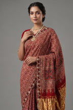 Red Modal Silk Ajrakh Printed Saree with Applique and Gota Work - red silk saree