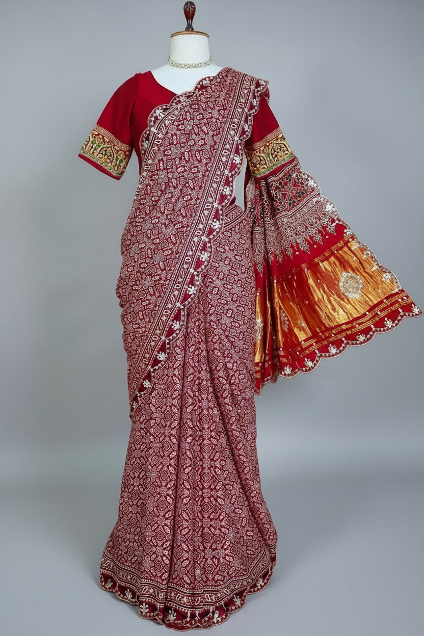 Red Modal Silk Ajrakh Printed Saree with Applique and Gota Work - red silk saree