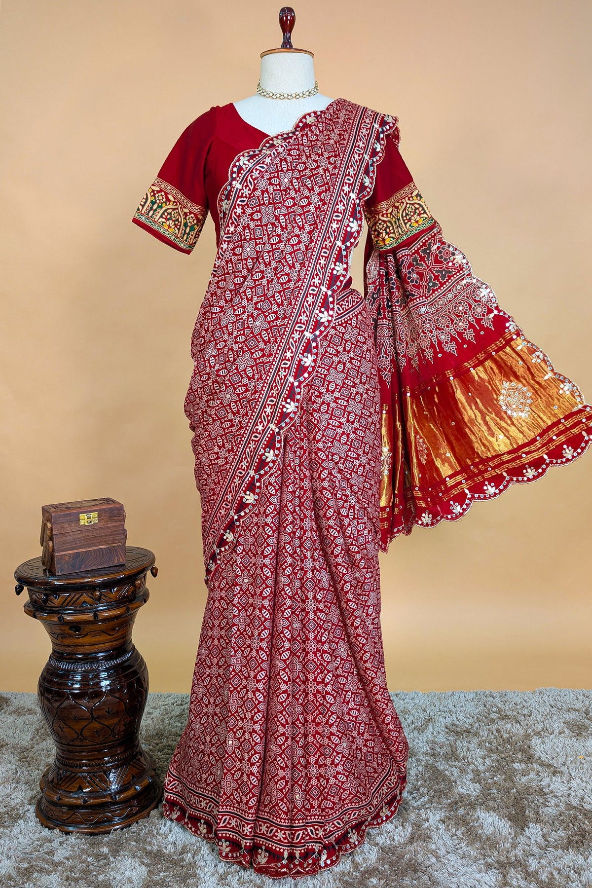 Red Modal Silk Ajrakh Printed Saree with Applique and Gota Work