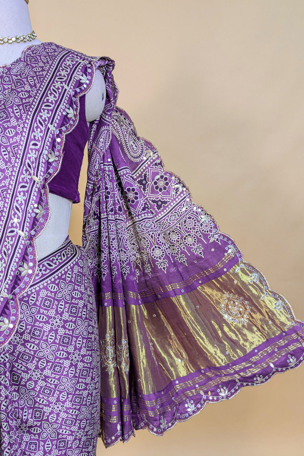 Lavender Modal Silk Ajrakh Printed Saree with Applique and Gota Work - lavender silk saree