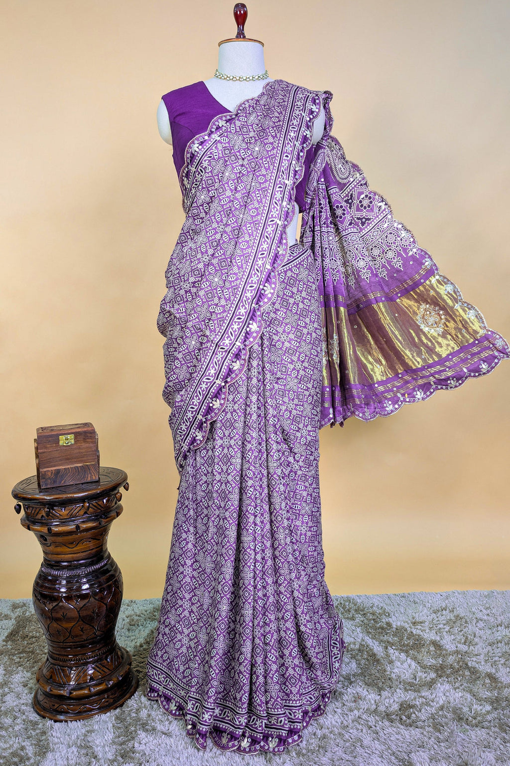Lavender Modal Silk Ajrakh Printed Saree with Applique and Gota Work - lavender silk saree