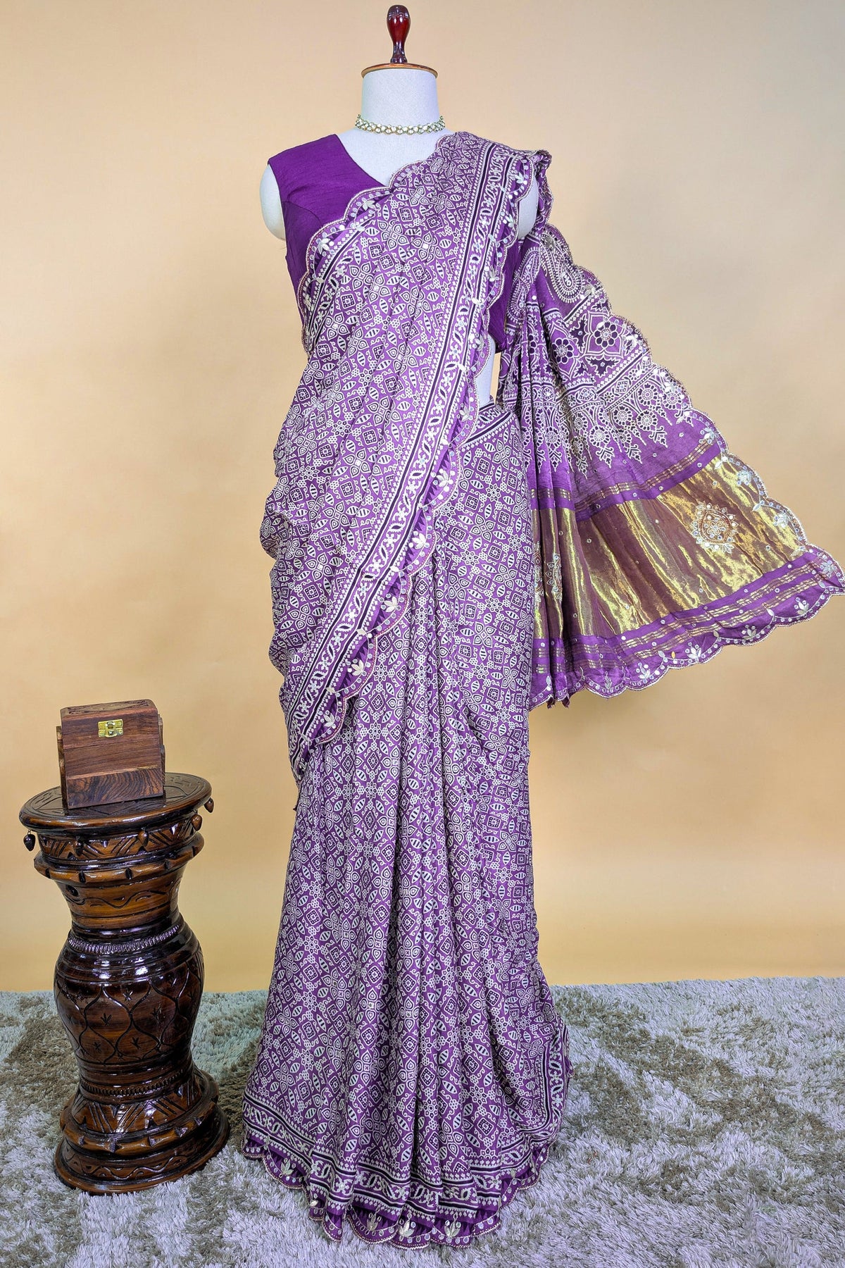 Lavender Modal Silk Ajrakh Printed Saree with Applique and Gota Work
