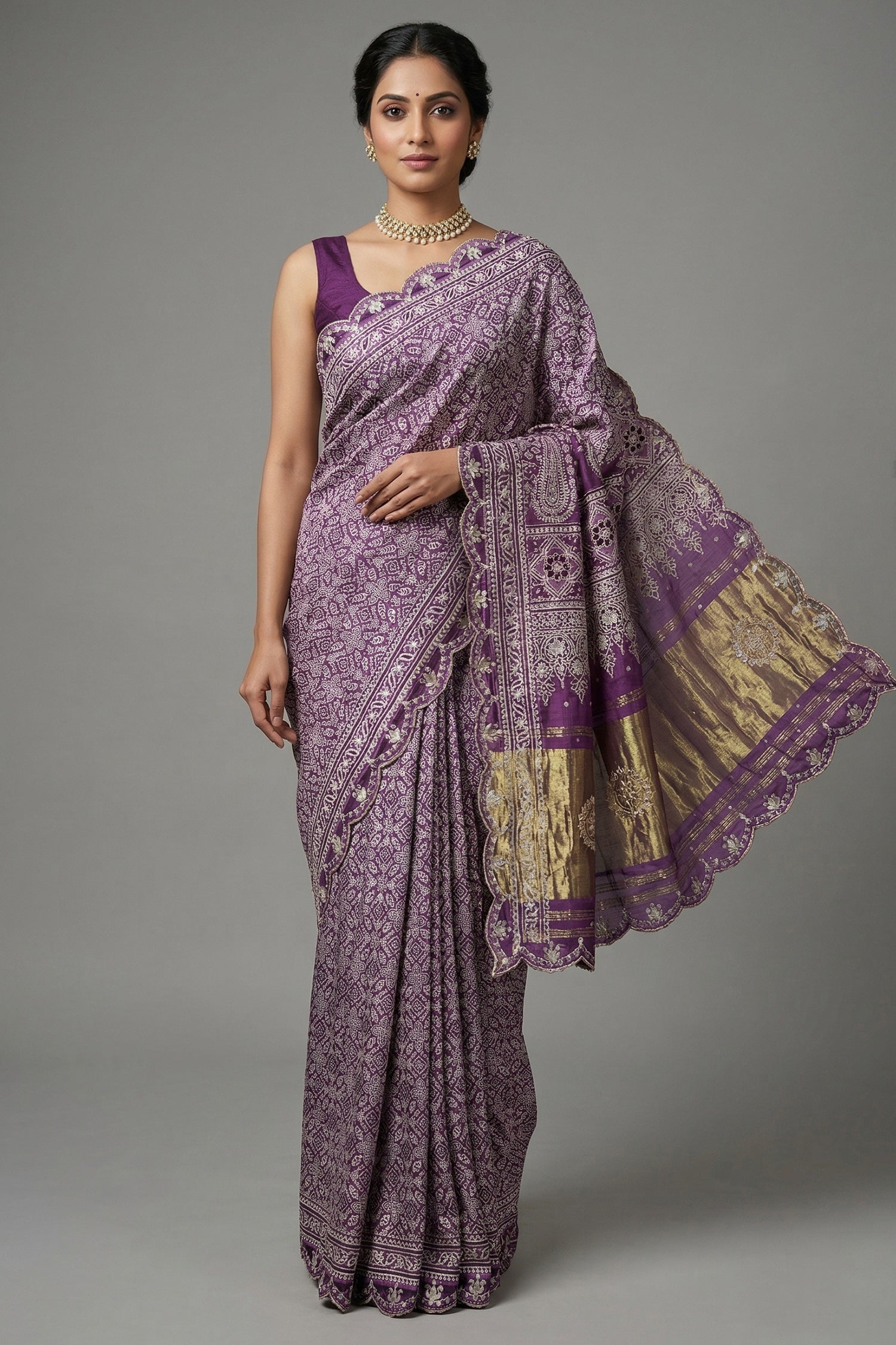 Lavender Modal Silk Ajrakh Printed Saree with Applique and Gota Work - lavender silk saree