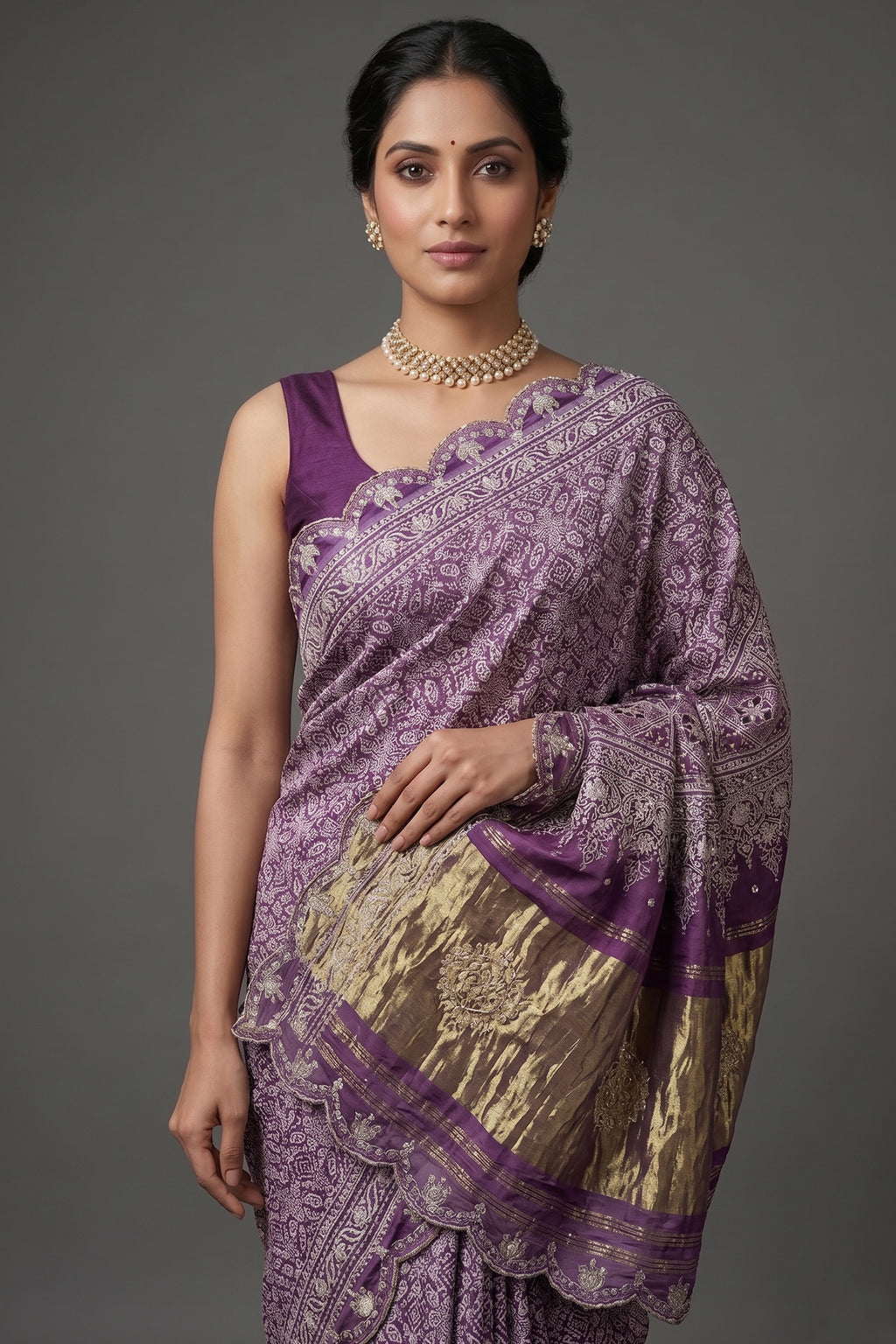 Lavender Modal Silk Ajrakh Printed Saree with Applique and Gota Work - lavender silk saree
