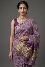 Lavender Modal Silk Ajrakh Printed Saree with Applique and Gota Work - lavender silk saree