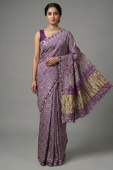 Lavender Modal Silk Ajrakh Printed Saree with Applique and Gota Work - lavender silk saree