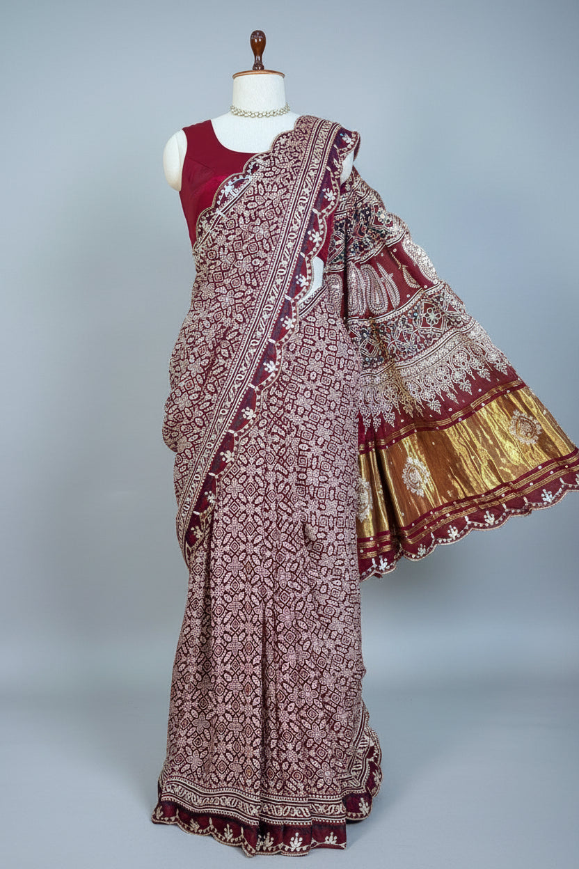 Maroon Modal Silk Ajrakh Printed Saree with Applique and Gota Work - maroon silk saree