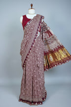 Maroon Modal Silk Ajrakh Printed Saree with Applique and Gota Work - maroon silk saree