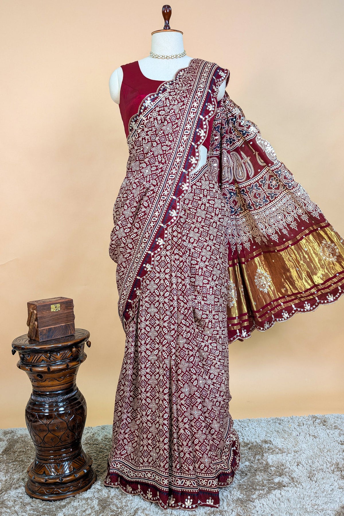 Maroon Modal Silk Ajrakh Printed Saree with Applique and Gota Work